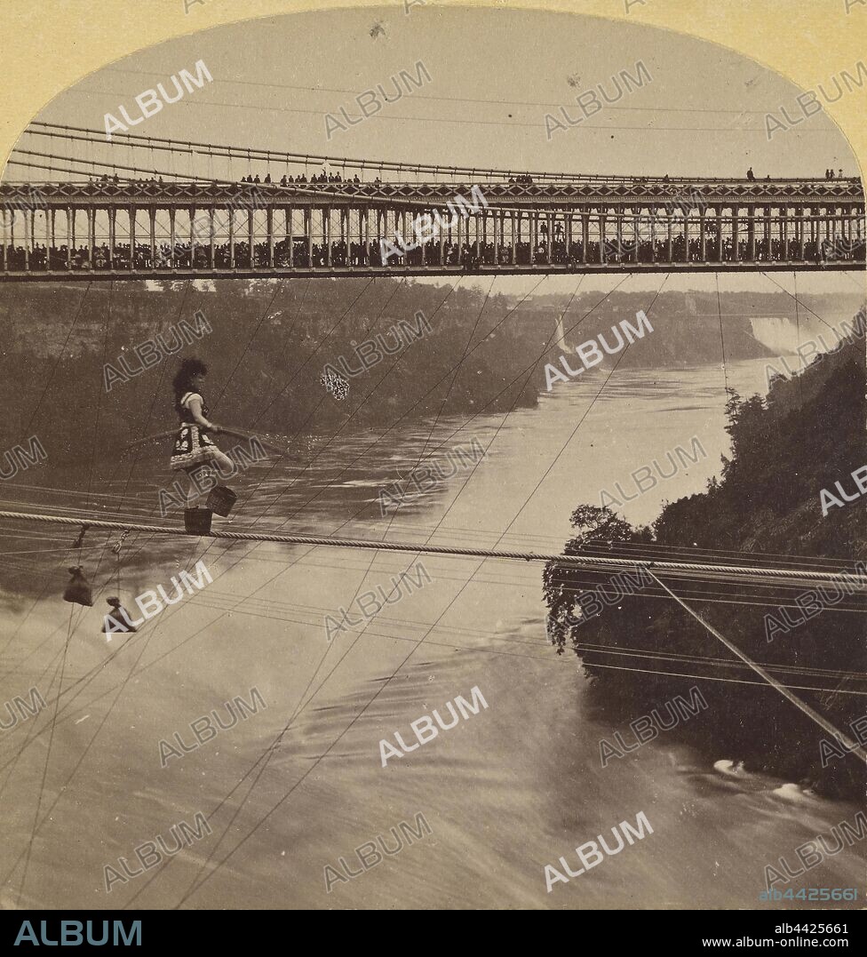 Signorini Maria Spelterini, crossing Whirl Pool Rapids, Niagara, on a rope. On line of N.Y.C. & H.R.R.R., George Barker (American, 1844 - 1894), July 1876, Albumen silver print.