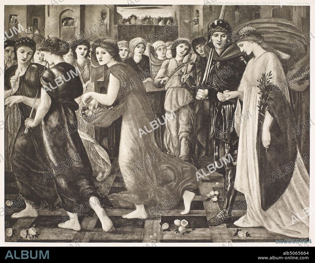 St George Series, The Return of St George and the Princess, 1900 After: Sir Edward Burne-Jones (d.1898) Publisher: Berlin Photographic Company, 19th Century, Musical instrumentPre-Raphaelite, Photographic print, Photogravure, Celebration, Religion, Saint, Royal, Princess.