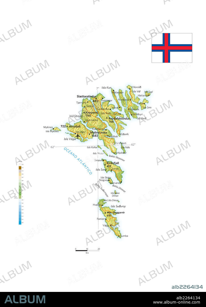 Islas Feroe. Mapa físico y político de las islas Feroe, región autónoma del Reino de Dinamarca.