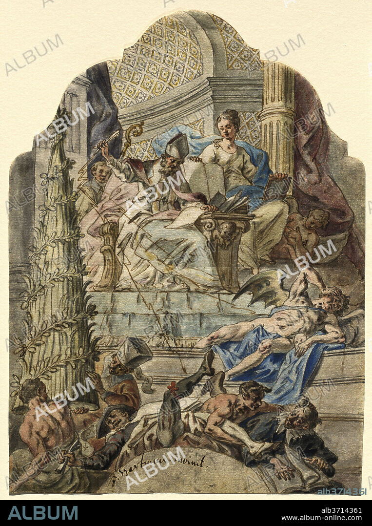 JOSEPH HARTMANN. Saint Augustine Subdues Heresy with Lightning Bolts from His Pen. Dated: 1770s(?) (or 1740s?). Dimensions: sheet: 24.7 x 18.1 cm (9 3/4 x 7 1/8 in.). Medium: pen and brown ink with watercolor  on laid paper.