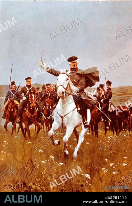 CARL RÖCHLING. Blücher, Gebhard Leberecht, Fürst B. preuß. Generalfeldmarschall. 1742-1819. "Kinder, jetzt haben wir genug Franzosen herüber". (Befreiungskriege 1813/ /15: Schlacht an der Katzbach am 26. August 1813; Blücher schlägt die Franzosen unter Alexandre Macdonald). Farbdruck, um 1900, nach Aquarell von Carl Röchling (1855-1920). Berlin, Sammlung Archiv für Kunst und Geschichte.