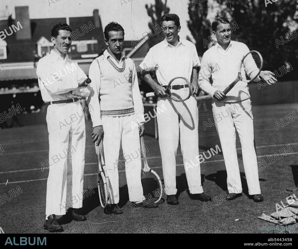 America Retains Davis Cup - Left to right, Jacques Brugnon, Henri Cochet, R. Norris Williams II and Vincent Richards, just before the doubles match. By defeating of the French team in the Doubles match, today the American Davis Cup team retained the Cherished Cup for another year. October 09, 1926. (Photo by International Newsreel Corp.).