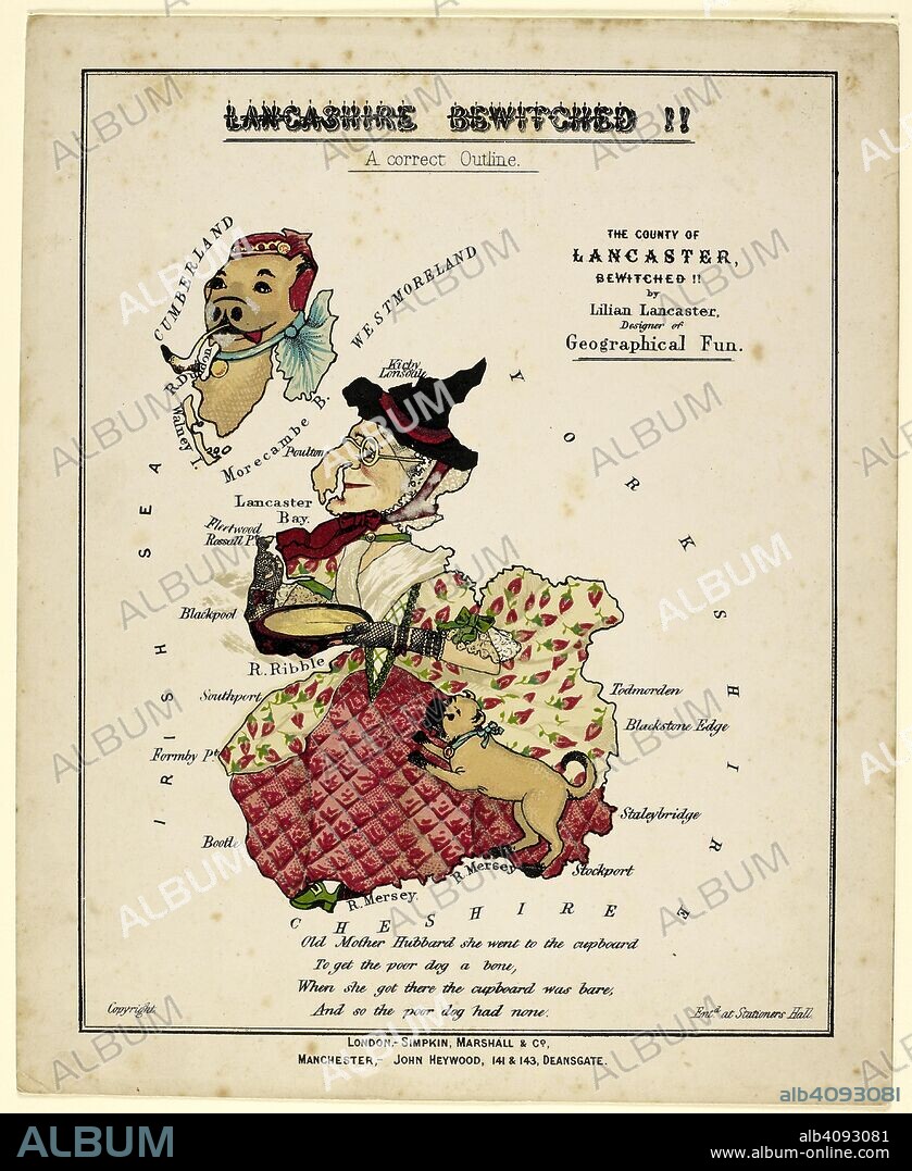 LILIAN LANCASTER. Map of Lancashire represented as Old Mother Hubbard.  . Lancashire bewitched !! a correct outline : The county of Lancashire bewitched. London : Simpkin, Marshall & Co ; Manchester : John Heywood, [18--]. Source: Maps.cc.5.a.225.
