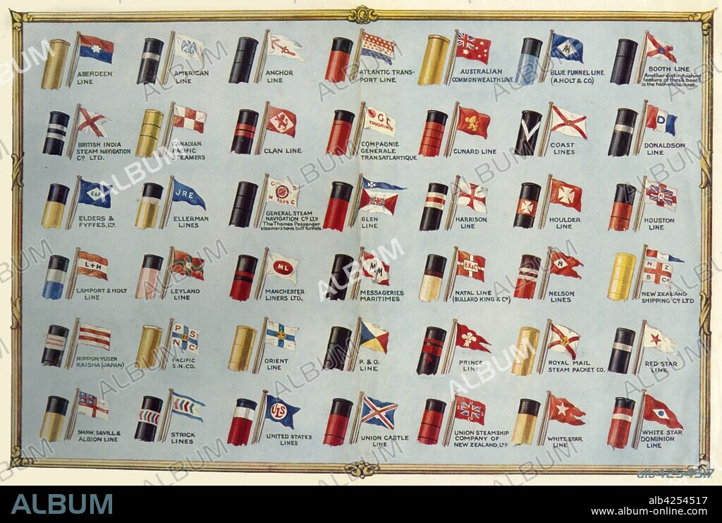 'House Flags and Funnels of Passenger Steamship Lines', c1930. From "The Wonder Book of Ships", edited by Harry Golding. [Ward, Lock & Co., Limited, London and Melbourne, ].