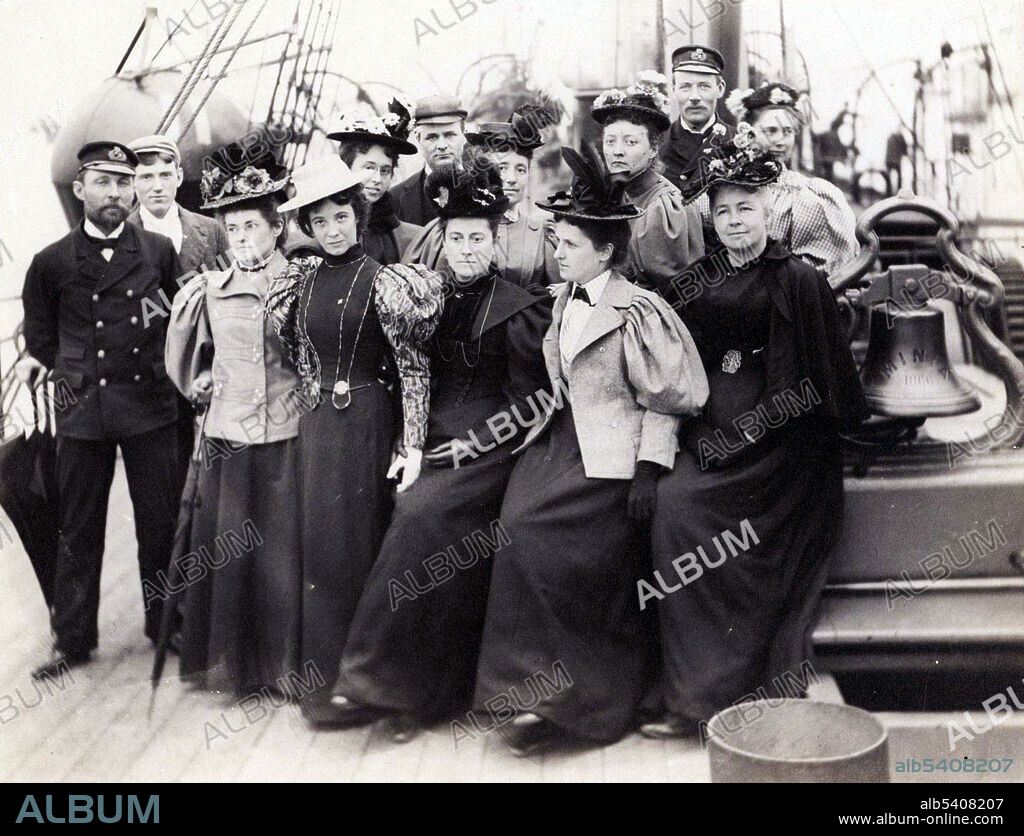 A group of women, most or all computers from the Observatory, on board the C.S. Minia, a cable repair ship. Left to right: William Squares De Carteret, unknown man, unknown woman, Mabel Gill, unknown woman, unknown man, Williamina Fleming, Florence Cushman, Mabel Stevens, unknown woman, James Adams, Evelyn Leland, Ida Woods. Edward Pickering (director of the Harvard Observatory from 1877 to 1919) decided to hire women as skilled workers to process astronomical data. This staff came to be known as Pickering's Harem. The first woman hired was Williamina Fleming, who was working as a maid for Pickering. It seems that Pickering was increasingly frustrated with his male assistants and declared that even his maid could do a better job. Apparently he was not mistaken, as Fleming undertook her assigned chores efficiently. When the Harvard Observatory received in 1886 a generous donation from the widow of Henry Draper, Pickering decided to hire more female staff and put Fleming in charge of them. They usually earned between 25 and 50 cents per hour, more than a factory worker but less than a clerical one. Harvard University Archives.