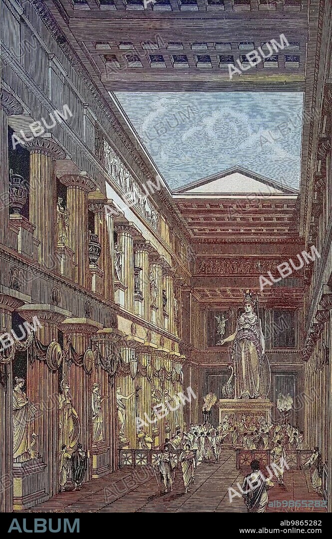 The statue of Athena Parthenos by Pheidias in the Cella of the Parthenon, Greece, reconstruction by G. Rehlender, digital improved reproduction of an original print from the 19th century