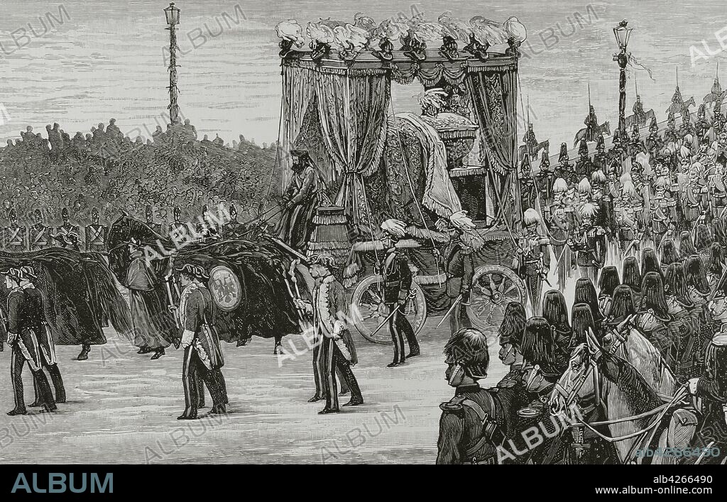 Alexander II of Russia (1818-1881). Czar of the Russian Empire from 1855 until his assassination in 1881. Russia. St. Petersburg. Driving of the mortal remains of Emperor Alexander II from the Winter Palace to the Pantheon of the imperial family on March 19. Engraving by Tomas Carlos Capuz (1834-1899). Detail. La Ilustracion Espa–ola y Americana, 1881.