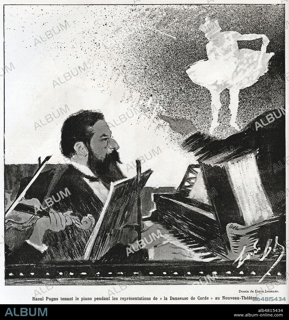 Raoul PUGNO (1852-1914) tenant le piano pendant les representations de La danseuse de corde au Nouveau Theatre. Caricature par Louis LEGRAND (1863-1951) pour Le Courrier francais du 6 mars 1892. Credit : Collection Kharbine-Tapabor.