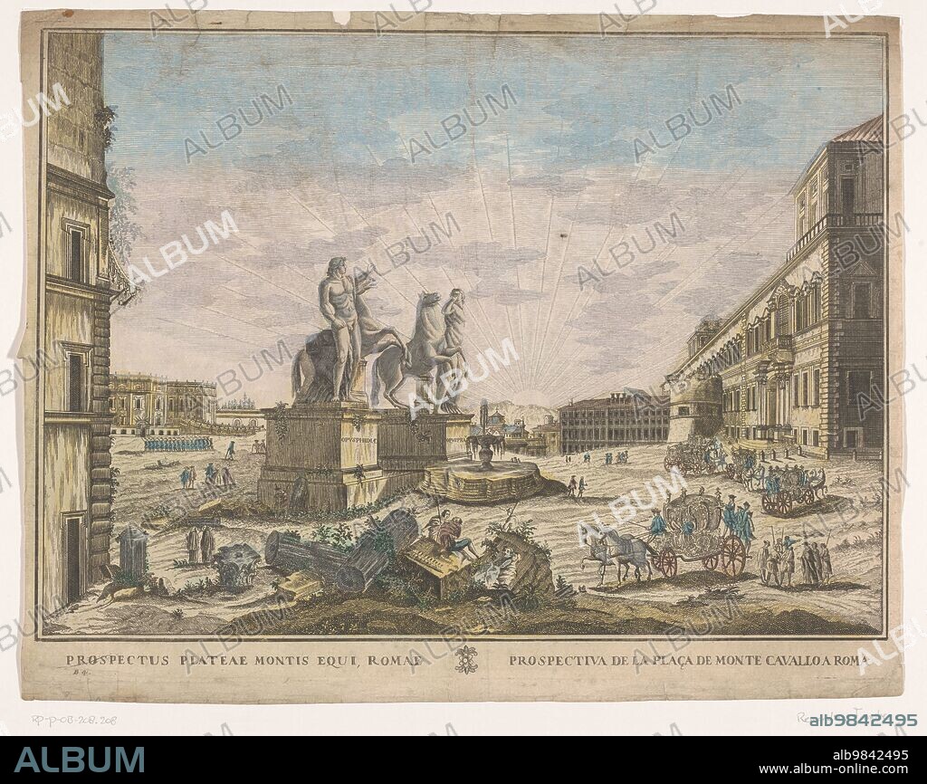 View of the Piazza del Quirinal in Rome, 1700-1799. In the middle the Fontana di Monte Cavallo. On the right Palazzo del Quirinal.
