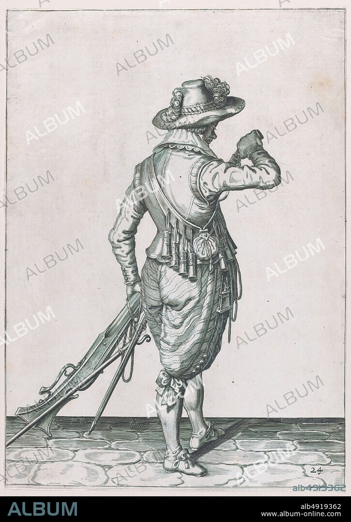 after Jacques de Gheyn II, A soldier charging his musket, from the Musketeers series, plate 24, in Waffenhandlung von den Rören Musquetten undt Spiessen, Wapenhandelinghe van Roers Musquetten ende Spiessen (The Exercise of Arms), Waffenhandlung von den Rören Musquetten undt Spiessen, Wapenhandelinghe van Roers Musquetten ende Spiessen (The Exercise of Arms), after Jacques de Gheyn II (Netherlandish, Antwerp 15651629 The Hague), Workshop of Jacques de Gheyn II (Netherlandish, Antwerp 15651629 The Hague), possibly by Robert Willemsz de Baudous (Netherlandish, 1574/51659), published 1608, Engraving; second state of three (New Hollstein), Sheet: 10 1/2 × 7 3/8 in. (26.7 × 18.8 cm), Prints.