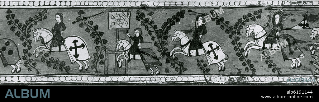 PINTURA MEDIEVAL SOBRE UNA VIGA - SIGLO XIV - POSIBLEMENTE PROCEDENTE DE ARAGON.