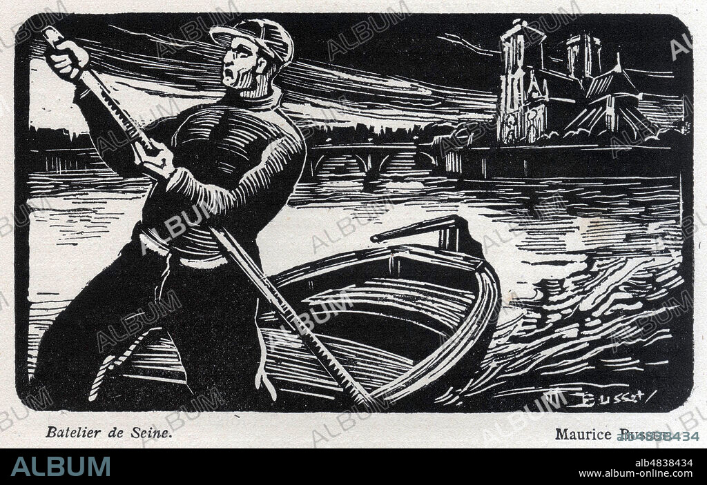 Batelier de Seine. Illustration de 1925 par Maurice BUSSET (1881-1936) pour son ouvrage La Technique moderne du Bois grave. Credit : Collection Jonas/Kharbine-Tapabor.