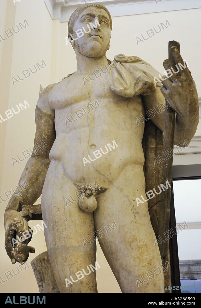 Emperor Alexander Severus (208-235)  with idealized body of the Diomedes Cuma-Munich type. c. 225 AD. Statue. National Archaeological Museum. Naples. Italy.