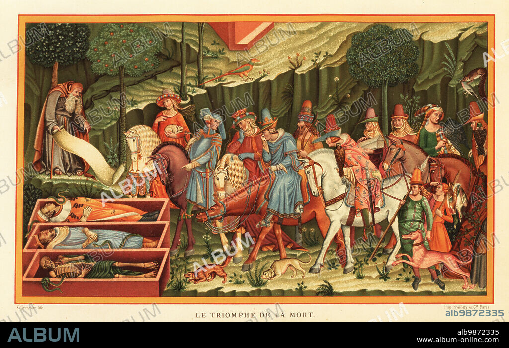 The living and the dead from The Triumph of Death. Saint Macarius reads a scroll and shows three decomposing bodies in open coffins to a group of young men and women hunting. Le Triomphe de la Mort. Fresco by Buonamico Buffalmacco in the cloisters of Camposanto, Pisa, 14th century. Chromolithograph by Franz Kellerhoven from Paul Lacroixs La Vie Militaire et Religieuse au Moyen Age et a lEpoque de la Renaissance, Military and Religious Life in the Middle Ages and the Renaissance, Paris, 1873.