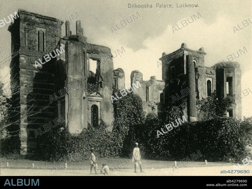 'Dilkoosha Palace, Lucknow'. View of the remains of Dilkusha Kothi, an eighteenth-century house built in the English baroque style in Lucknow, India. It was heavily shelled during the Lucknow siege in 1857. Postcard.
