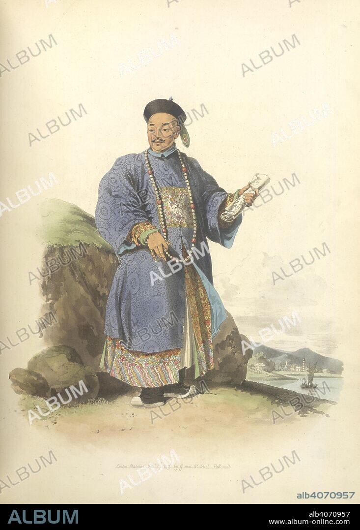 Chow-ta-zhin. The Costume of China. Illustrated in forty-eight c. William Miller: London, 1805. A Quan, or Mandarin, was entrusted with the care of the British Embassy. The blue ball on his cap, from which hangs a peacock feather, is indicative of this rank. He wears full court dress, being a gown of silk or satin, covering a undervest embroidered in silk; the square badge on his breast, which contains the figure of an imaginary bird, denotes the wearer to be a Mandarin of letters. He wears a string of beads.  Image taken from The Costume of China. Illustrated in forty-eight coloured engravings.  Originally published/produced in William Miller: London, 1805. . Source: 455.e.9, plate 21. Language: English.