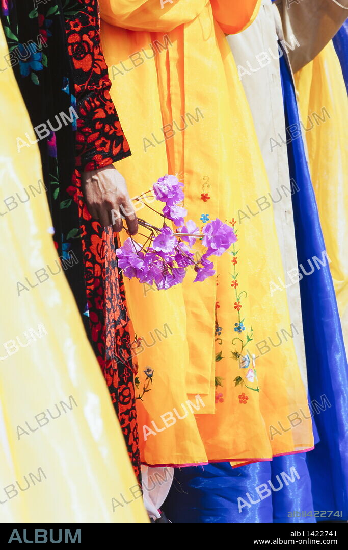 Women in traditional dress during street celebrations, Pyongyang, North Korea (Democratic People's Republic of Korea), Asia.