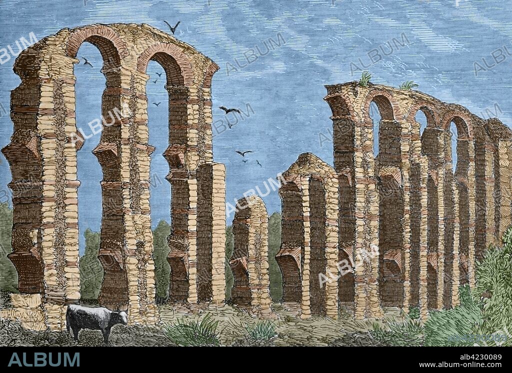 España. Extremadura. Mérida (provincia de Badajoz). Ruinas del acueducto romano de "Los Milagros". Grabado. Coloreado. Crónica General de España, Historia Ilustrada y Descriptiva de sus Provincias. Extremadura, 1870.