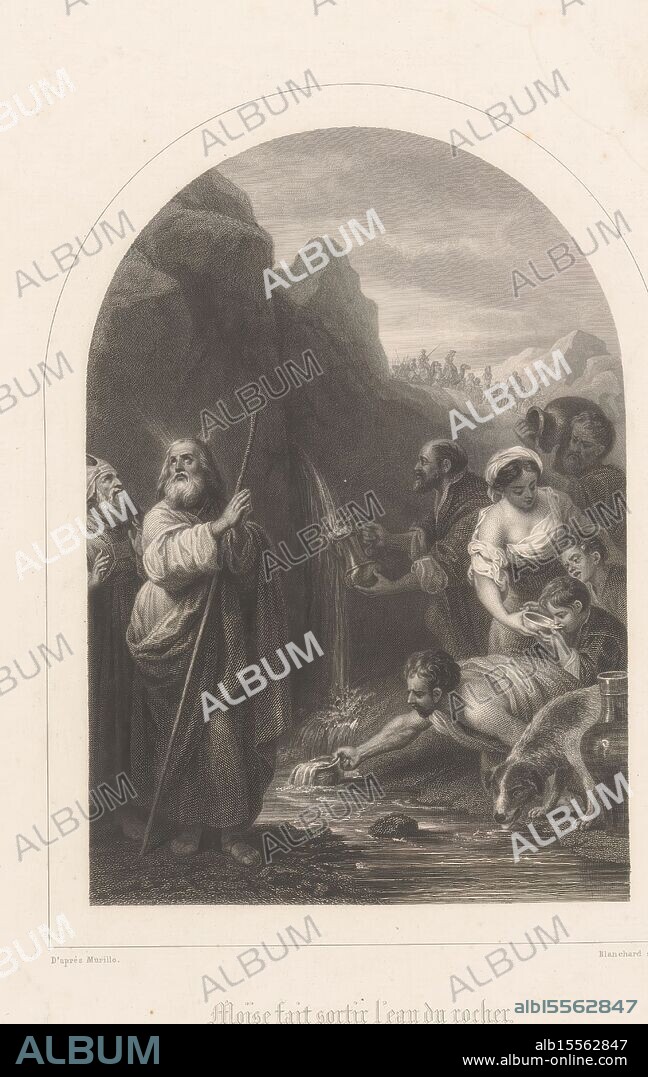 Paris, Furne, France, Chardon ainé & Aze., Spain, Murillo, Bartolomé Esteban, Blanchard, Auguste Thomas Marie, Moïse fait sortir l'eau du rocher., Moses striking water from the rock, verso - stamped, print, prints, height 241 mm, width 164 mm, 1819 - 1898-05-23, print maker, printmaker, 1829 - 1898, paper, papier, etching, etchings, Work conception, Spanish, 1618-01-01 - 1682-04-03, after a design by, French, printer, Publication (Event), Publication, publisher.
