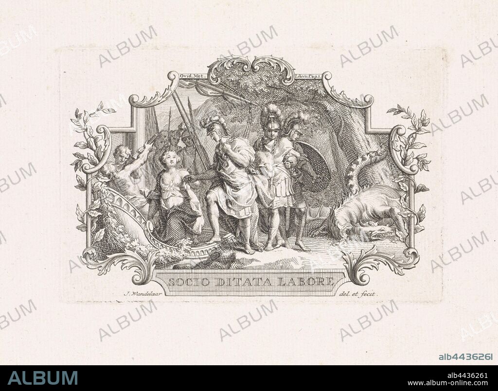 Vignette with Jason and Medea Socio Ditata Labore (title on object), Jason has just won the Golden Fleece. He gets into his ship with Medea. To the right lies the defeated dragon on the ground under the tree on which the Fleece hung. The performance is set in an ornamental frame with a reference to book VII of the Metamorphoses of Ovid, the Argonauts and Medea go aboard, pursued by the Colchians, the Golden Fleece, hanging on an oak-tree, is seized by Jason, Jan Wandelaar (mentioned on object), Noord-Nederland, 1702 - 1759, paper, engraving, h 82 mm × w 126 mm.