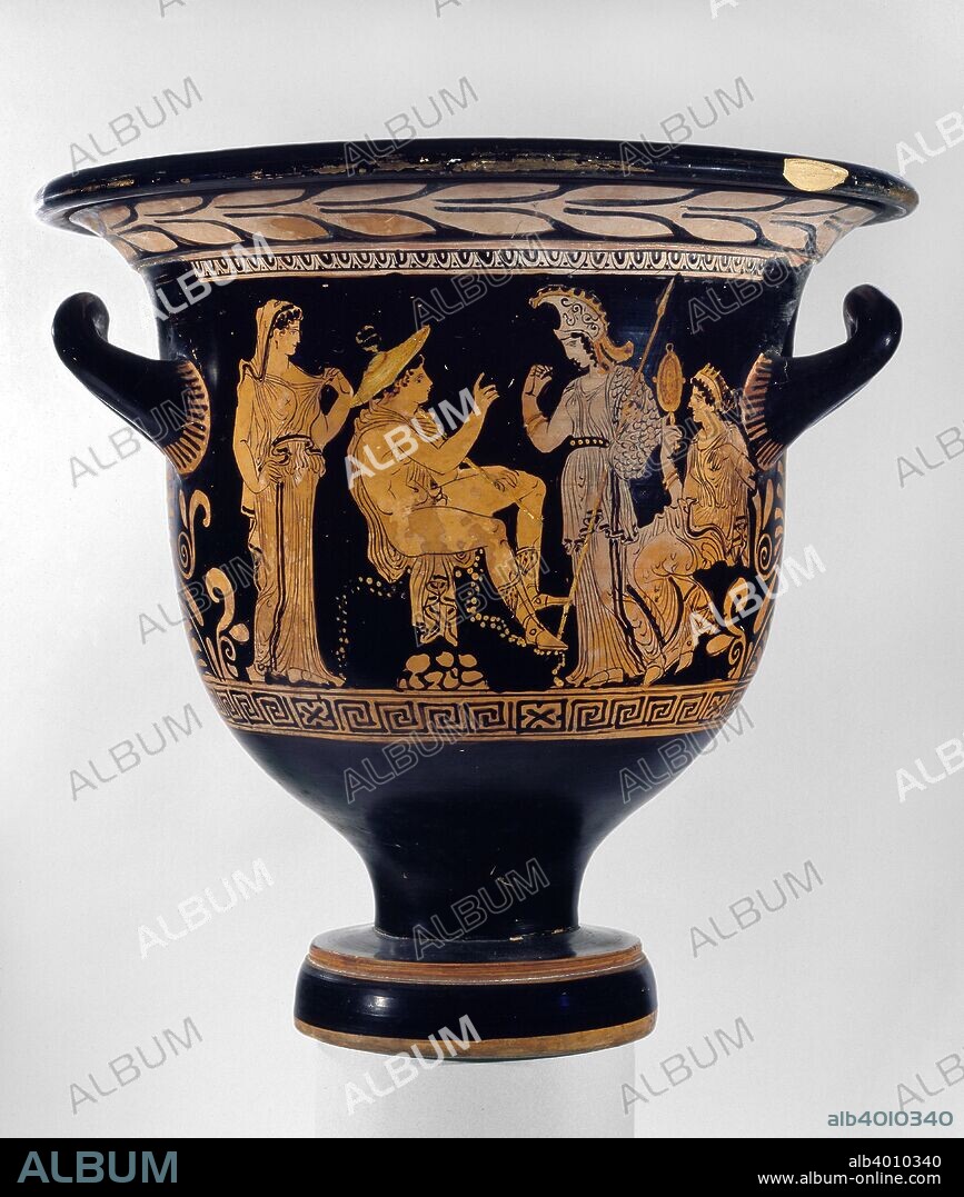 Red-figure Apulian Bell-crater, c 375-350 BC. Apulian red-figure bell-crater (wine-mixing vessel); depiction of (A) the rehearsal for the Judgement of Paris: Hermes with Aphrodite, Athena and Hera; (B) victorious athlete (nude youth with a phiale between two half-draped youths). Dimensions: height: 37 cm.