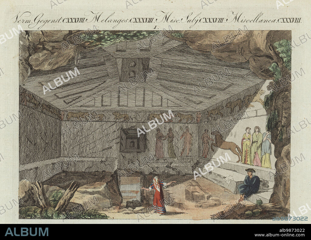 Necropolis of the ancient Etruscan city of Tarquinia. Catacombs carved from the limestone, the walls painted with colourful images of the afterlife. Handcoloured copperplate engraving from Carl Bertuch's Bilderbuch fur Kinder (Picture Book for Children), Weimar, 1810. A 12-volume encyclopedia for children illustrated with almost 1,200 engraved plates on natural history, science, costume, mythology, etc., published from 1790-1830.