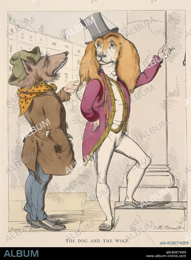AESOP, C. H BENNETT and J SWAIN. The dog and the wolf. The Fables of Ã†sop and others. Translated into hum. W. Kent & Co.: London, 1857. The dog is dressed as a 'gentleman' and the wolf is dressed as a beggar.  Image taken from The Fables of Ã†sop and others. Translated into human nature, designed and drawn on the wood by Charles H. Bennett, etc.  Originally published/produced in W. Kent & Co.: London, 1857. . Source: 12305.g.11, opposite 16. Language: English.