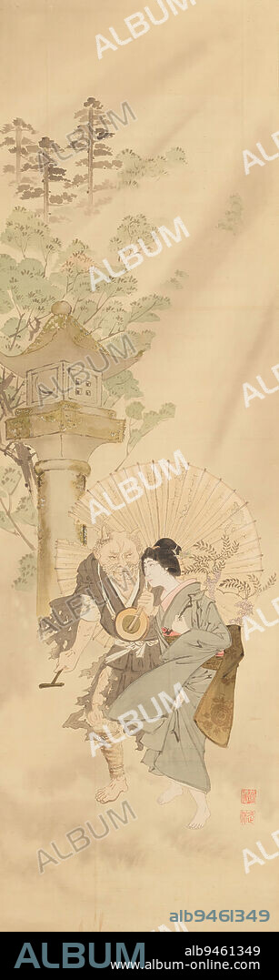 Ogre Accompanying the Wisteria Maiden, late 19th century, Kikuchi Ysai, Japanese, 1781 - 1878, 46 1/2 × 14 in. (118.11 × 35.56 cm) (image)68 3/4 × 19 1/2 in. (174.63 × 49.53 cm) (without roller), Ink and color on paper, Japan, 19th century.