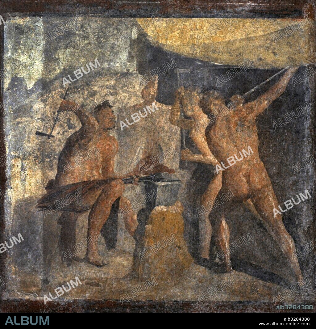 Workshop of Hephaestus with cyclopes, 1st century. Mural painting. National Archaeological Museum. Naples. Italy.