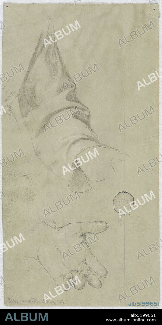 The left arm of a monk and his left hand, Black crayon and white heightenings on green-gray paper, Vertical composition of a monk's left arm and hand. The right thumb shown on the back is evidently the remnant of the monk's other hand., Italy, 18501900, figures, Drawing, Drawing.