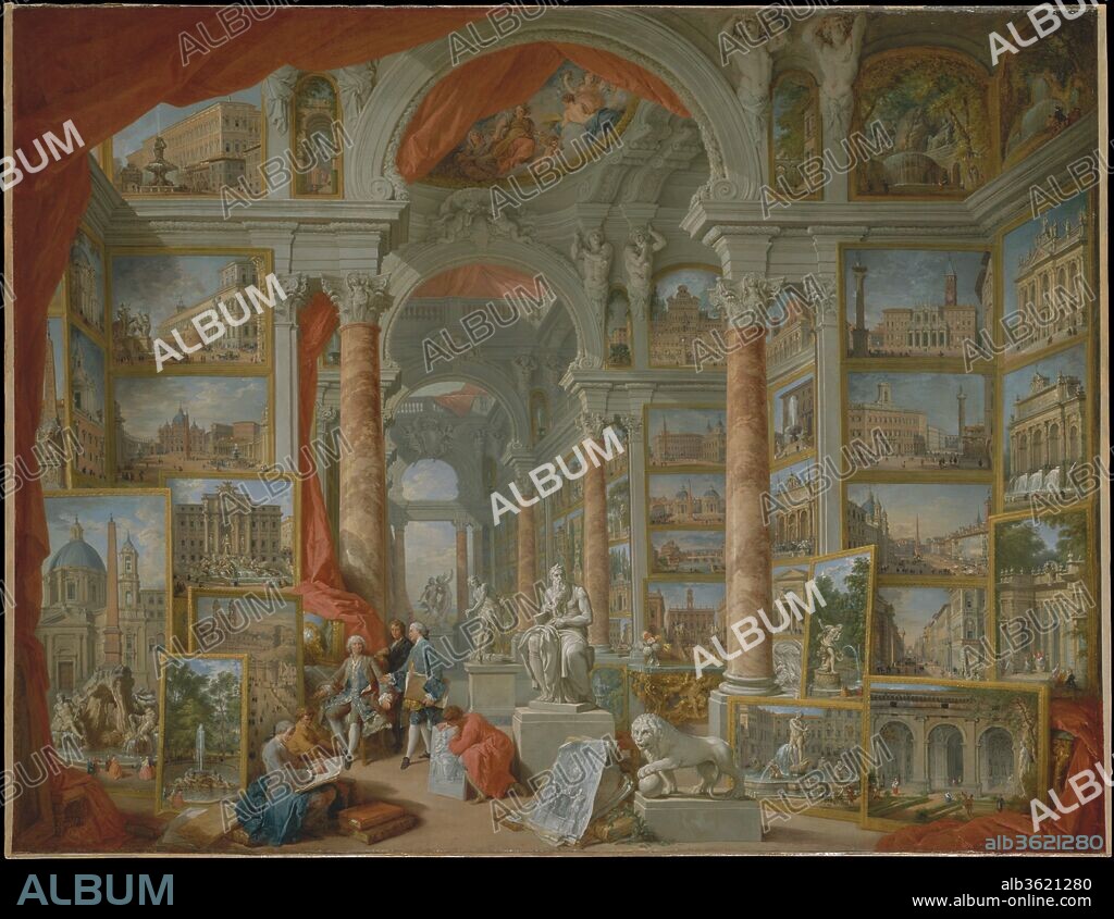 Modern Rome. Artist: Giovanni Paolo Panini (Italian, Piacenza 1691-1765 Rome). Dimensions: 67 3/4 x 91 3/4 in. (172.1 x 233 cm). Date: 1757.
Among Panini's most brilliant inventions are <i>Modern Rome</i> and its pendant. They contrive to show the famous monuments of the city as paintings arranged in a sumptuous gallery. They were commissioned by the Count de Stainville, later Duke de Choiseul, ambassador to Rome from 1753 to 1757; he is shown seated in an armchair. Among the works illustrated are Michelangelo's <i>Moses</i> and Bernini's statues of <i>Constantine</i>, <i>David</i>, <i>Apollo and Daphne</i>, and his fountains in Piazza Navona. For the identification of additional monuments, visit metmuseum.org.