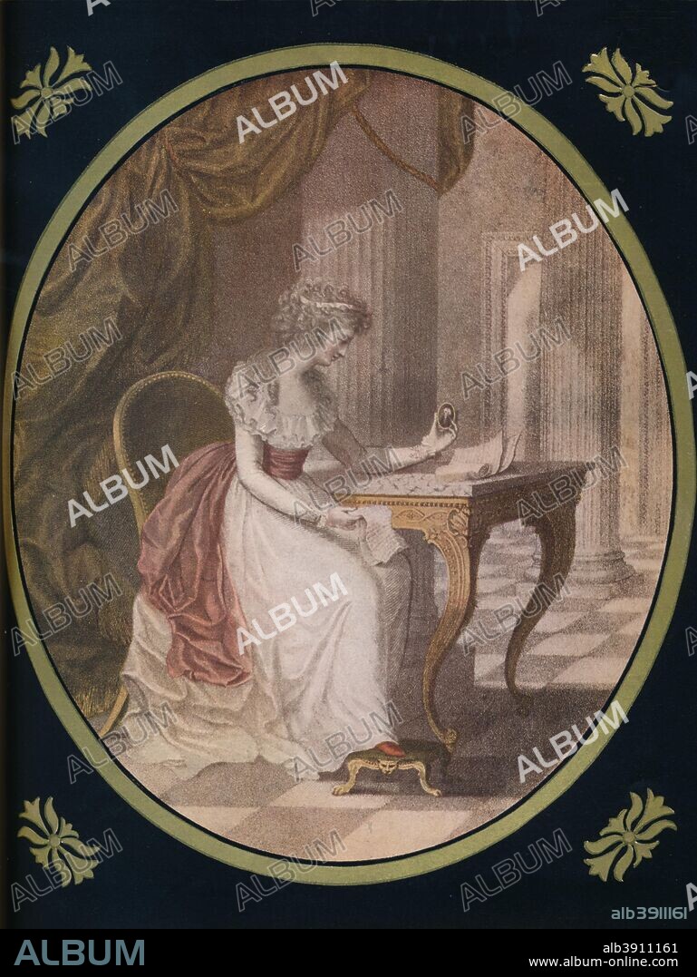 'Caroline of Litchfield, meditating on Waldstein's Picture', c1780s, (1910). Illustration from the novel, Caroline Litchfield by Montolieu Isabelle (1751-1832) a Swiss novelist and translator. Her first novel, Caroline de Lichtfield, was an influential instant best-seller in the 1780s and stayed in print until the mid-19th century. From The Connoisseur Vol XXVIII. [Otto Limited, London, 1910].