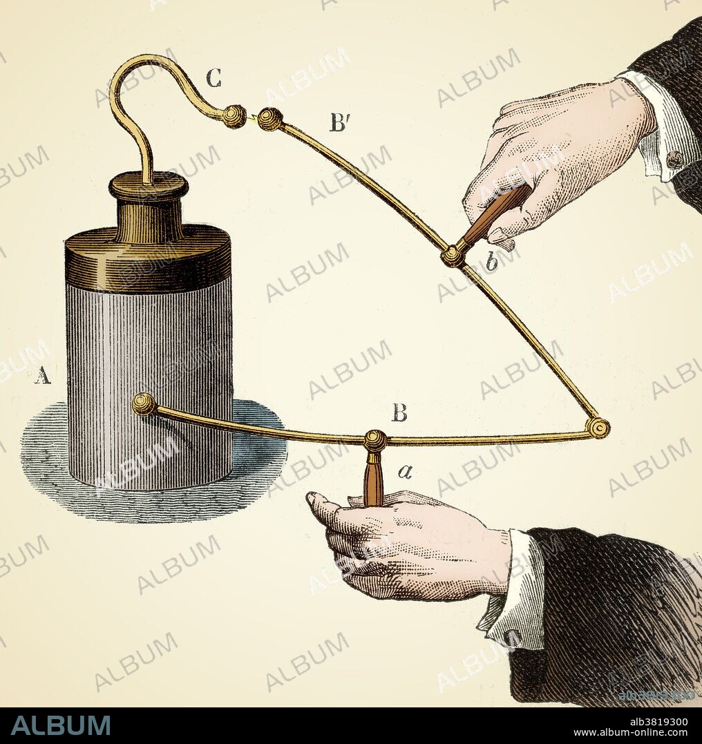 A Leyden jar is a device that stores static electricity between two electrodes on the inside and outside of a glass jar. A Leyden jar typically consists of a glass jar with metal foil cemented to the inside and the outside surfaces, and a metal terminal projecting vertically through the jar lid to make contact with the inner foil. It was the original form of a capacitor (originally known as a condenser). It was invented independently by German cleric Ewald Georg von Kleist and by Dutch scientist Pieter van Musschenbroek of Leiden (Leyden) in 1745-46. The invention was named for the city. The Leyden jar was used to conduct many early experiments in electricity, and its discovery was of fundamental importance in the study of electrostatics. The Leyden jar was the first means of storing an electric charge which then could be discharged at the experimenter's will. Leyden jars are still used in education to demonstrate the principles of electrostatics. This image has been color enhanced.