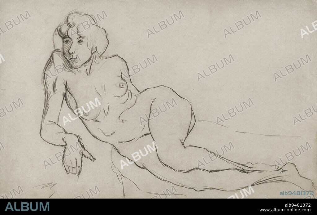 Recumbent Nude Woman (Femme nue allongée), 19th century, François Rupert Carabin, French, Saverne, Bas-Rhin 1862Strasbourg 1932, 8 7/8 × 14 1/4 in. (22.5 × 36.2 cm) (sheet), Charcoal, France, 19th century, Rupert Carabin was a master carver who put his talents to use making elaborate Art Nouveau furniture, usually featuring elements carved as female nudes. To build up a repertoire of poses, Carabin made photographic studies of prostitutes. Lots of them. And often in seductive poses. Some 700 are preserved at the Musée dOrsay in Paris. From these photographs, Carabin executed innumerable drawings he used in creating his functional sculptural pieces. Most have minimal shading to accentuate the forms. The figures are usually shown in isolation with little in the way of accessories or context. The present drawing has just enough shading to indicate that the woman is illuminated from our right and shows scant indication of drapery. Nonetheless, with great economy of line, Carabin has managed to impart a strong sense of presencethe fleshiness of her body, her position in space, and her seemingly animated personality.