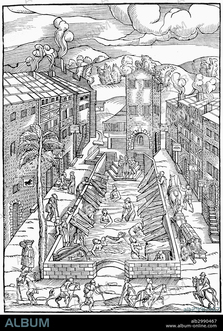 FRANCE: BATH HOUSE, 1553.Ancient Roman bath house at Plombières, France, used by the poor and the sick. Woodcut, 1553.