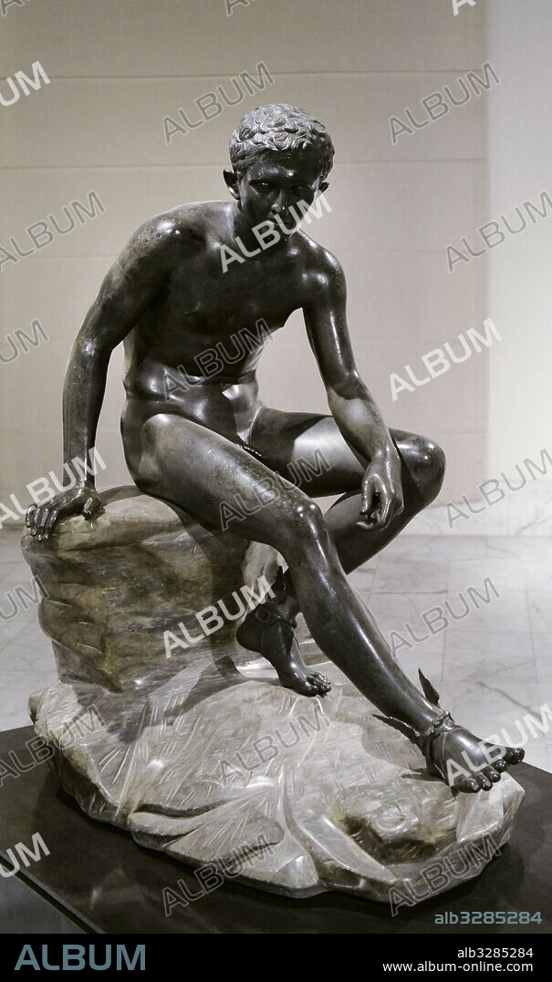 Hermes. Son of Zeus. Hermes at rest. Roman statue. Bronze. Great Peristyle. Villa of the Papyri. Herculaneum. National Archaeological Museum. Naples. Italy.