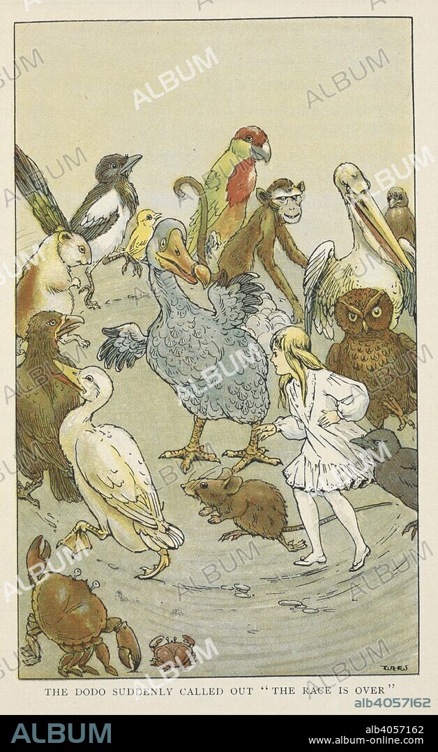 DODGSON, CHARLES LUTWIDGE, PSEUD. LEWIS CARROLL and W. H. WALKER. The dodo suddenly called out "the race is over." Alice racing with animals. Alice's Adventures in Wonderland ... With eight coloured and 42 other illustrations by W. H. Walker.. London ; New York : John Lane, [1907]. Source: 12803.t.20 plate opposite page 24.