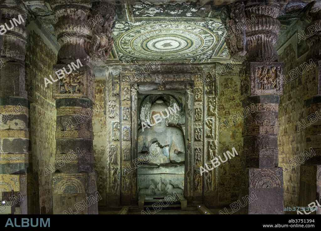 Buddha statue in the Ajanta Caves, UNESCO World Heritage Site, Maharashtra, India, Asia.