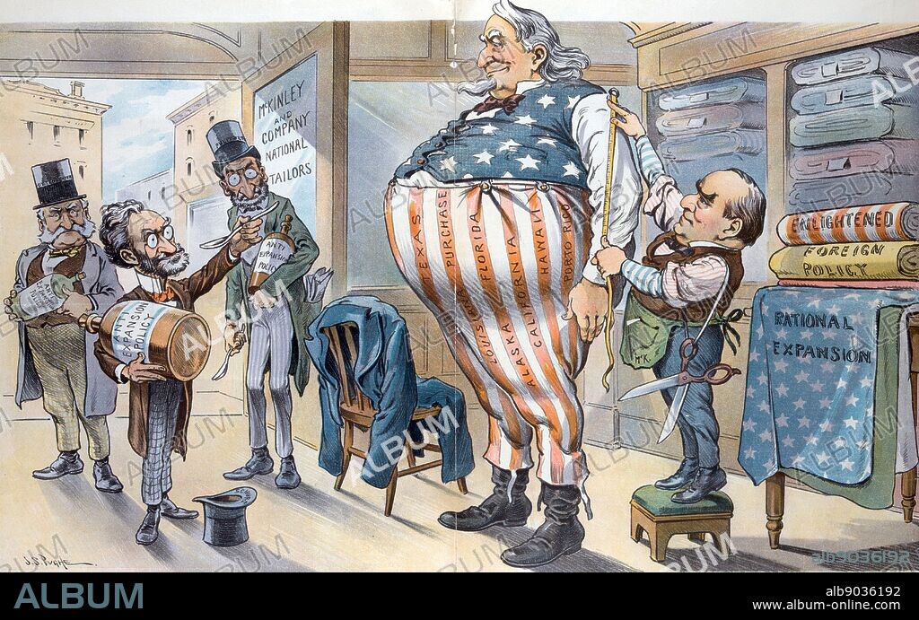 Declined with thanks' A huge Uncle Sam getting a new outfit made at the 'McKinley and Company National Tailors' with President McKinley taking the measurements. Carl Schurz, Joseph Pulitzer, and Oswald Ottendorfer stand inside the entrance to the shop and Schurz is offering Uncle Sam a spoonful of 'Anti-Expansion Policy' medicine, a bottle of which each is carrying. On the right are bolts of cloth labelled 'Enlightened Foreign Policy' and 'Rational Expansion.' The strips on Uncle Sam's trousers are labelled 'Texas, Louisiana Purchase, Alaska, Florida, California, Hawaii, [and] Porto Rico.'.
