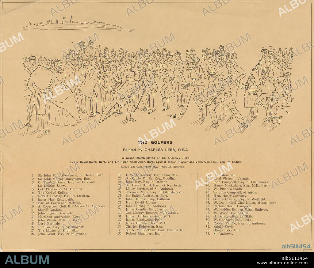 The Golfers. A Grand Match Player over St. Andrew's Links. By Sir David Baird...and Sir Ralph Anstruther...against Major Playfair and John Campbell., Charles E. Wagstaff, 1808, after Charles Lees, 18001880, British, 1850, Aquatint, hand-colored, Sheet: 25 1/2 x 36 7/8in. (64.8 x 93.7cm).