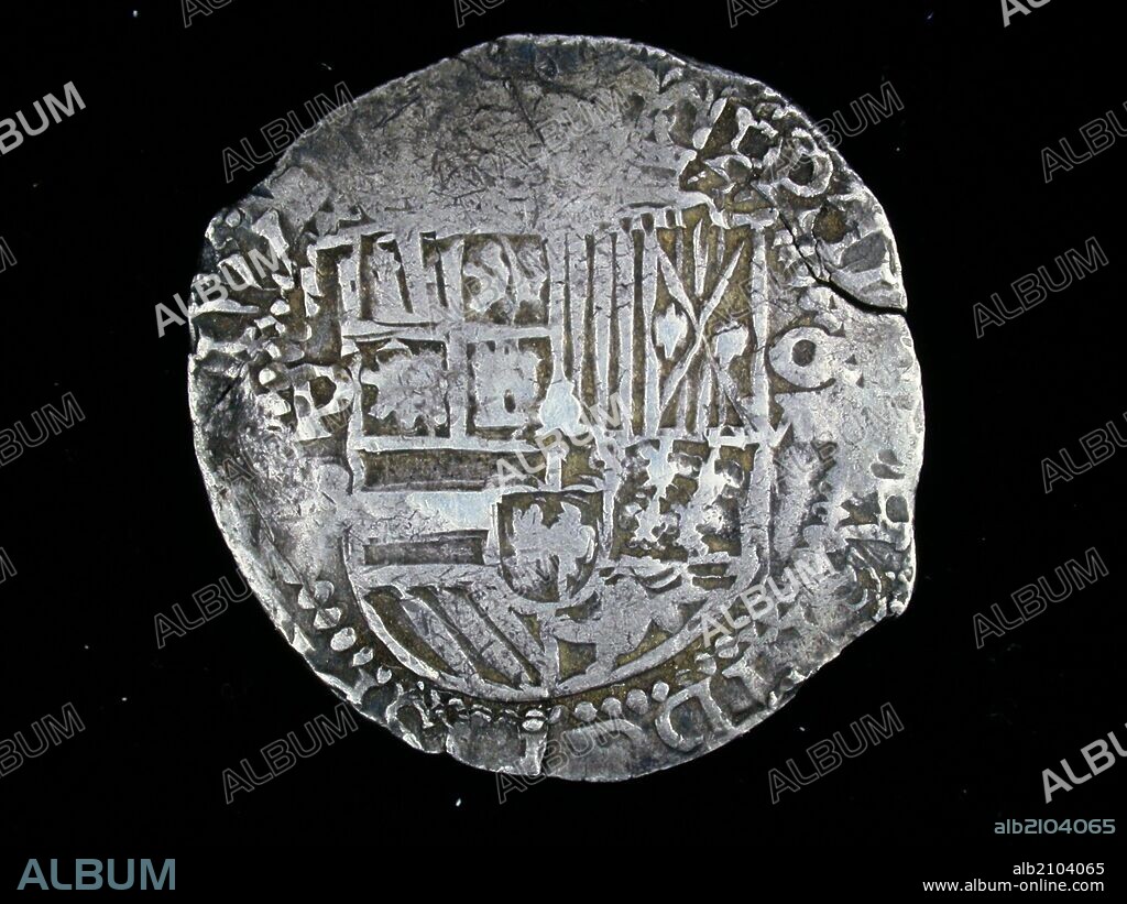 NUMISMATICA. MONEDA MODERNA. OCHO REALES DE PLATA, DE FELIPE IV. ANVERSO. ESCUDO CORONADO CON LAS ARMAS DE CASTILLA, LEON, GRANADA, ARAGON, NAPOLES Y SICILIA. (DEPOSITO: MUSEO ARQUEOLOGICO NACIONAL).