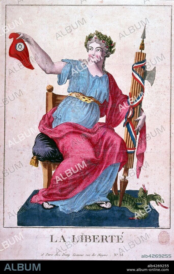 1795 Illustration of Marianne (La Liberte), a national symbol of the French Republic, a personification of liberty and reason, and a portrayal of the Goddess of Liberty. Marianne is displayed in many places in France and holds a place of honour in town halls and law courts. She symbolizes the Triumph of the Republic. Marianne is a significant republican symbol. As a national icon she represents opposition to monarchy and the championship of freedom and democracy against all forms of oppression.