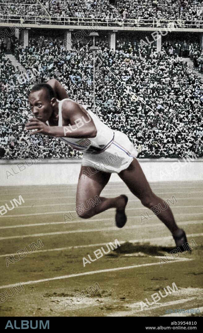Jesse Owens at the start of the 200 metres at the Berlin Olympic Games, 1936. Owens setting off on the way to one of his four gold medals at the 1936 games. A print from Olympia 1936, Die Olympischen Spiele 1936, Volume II, Cigaretten-Bilderdienst, Hamburg, 1936. (Colorised black and white print).