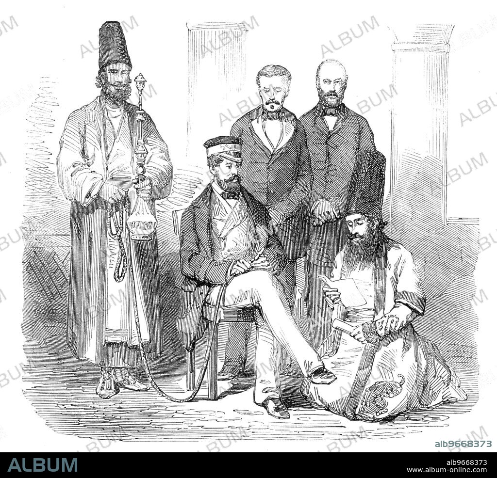 Sketches in the Persian Gulf - the Hon. Mr. Murray and his suite - from a photograph, 1857. Engraving after a photograph by 'Major H. Ban, Paymaster of the Field Force in the Persian Gulf...[of] official personages and officers of the expedition and inhabitants of Bushire [Bushehr]'. Charles Murray (seated holding mouthpiece of huqqa pipe) was Envoy Extraordinary and Minister Plenipotentiary to the Shah of Persia. From "Illustrated London News", 1857.