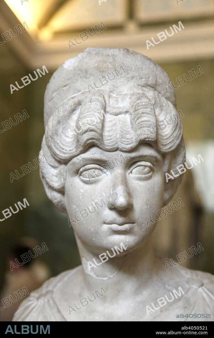 Portrait bust of Lucilla, wife of the Roman Emperor Lucius Verus, c160-c170. Lucilla (c148-182) was the daughter of Marcus Aurelius and Faustina the Younger. Marcus and Lucilla's husband were Co-Emperors of Rome from 161 until 169, when Lucius Verus died. After his death, her father forced her to marry a political ally of his, Claudius Pompeianus. Lucilla was exiled to Capri and executed after plotting against Marcus' successor, her brother Commodus. Found in the collection of The Hermitage, St Petersburg.