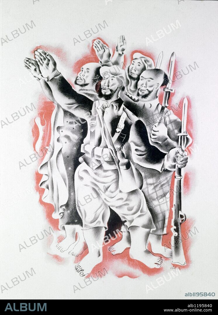 "Ejército Nacionalista". Dibujo de Antonio Clave.  Zona Republicana. Cataluña. Año 1938. Guerra Civil 1936-1939. España.