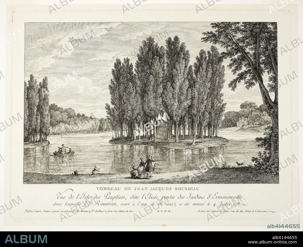 THE YOUNGER JEAN MICHEL MOREAU. Tomb of Jean Jacques Rousseau. Jean Michel Moreau; French, 1741-1814. Date: 1778. Dimensions: 265 × 355 mm. Etching on paper. Origin: France.