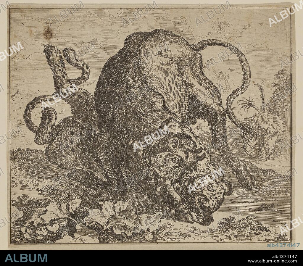 Abraham Hondius, Dutch, 1625-1695, The Urus and the Leopard, ca. 1672, etching printed in black ink on laid paper, Sheet (trimmed within plate mark): 5 5/8 × 6 5/8 inches (14.3 × 16.8 cm).