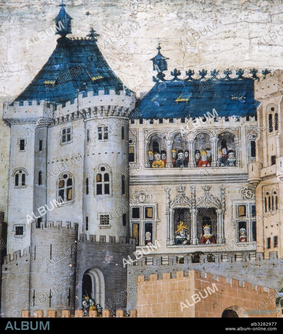 PERE NIÇARD. Retablo de San Jorge, 1468.  Detalle del castillo. Óleo sobre tabla. 2,84 x 1,87 cm. Museo Diocesano, Palma de Mallorca.