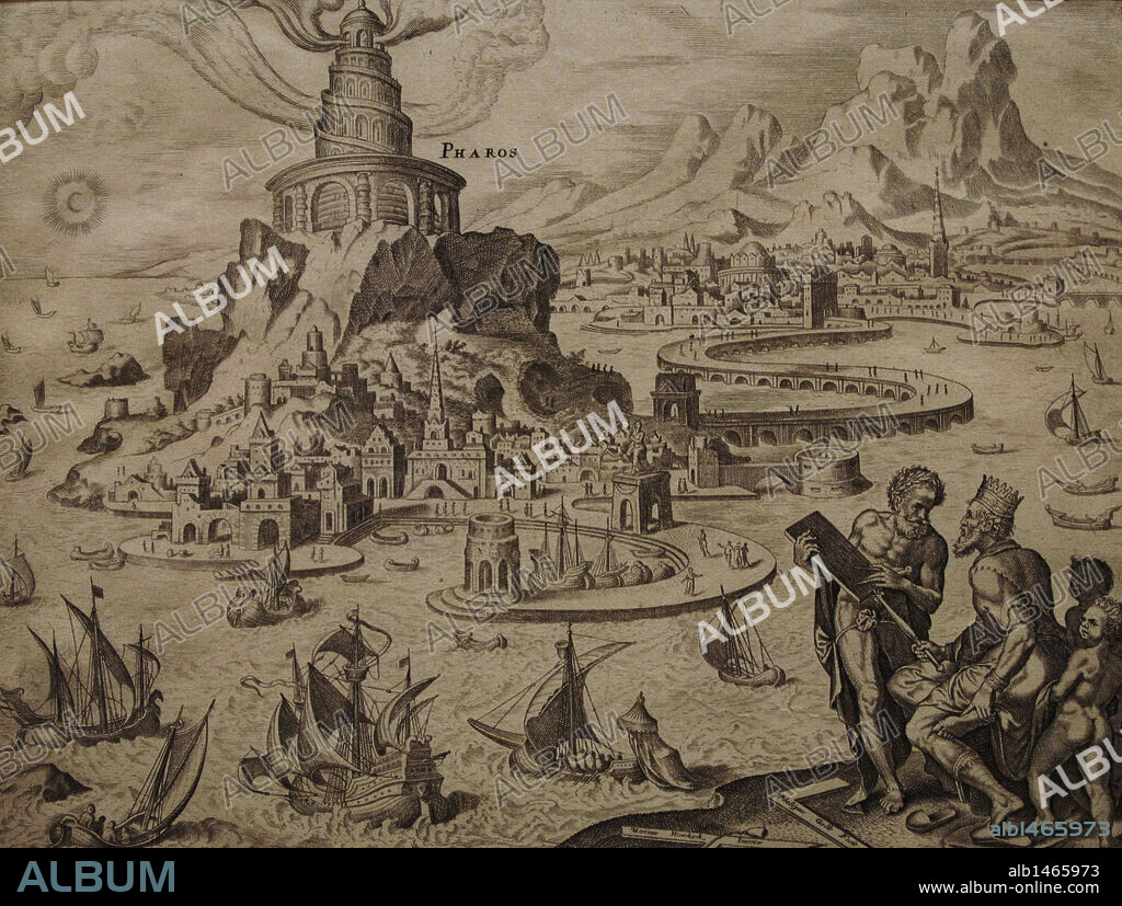 Seven Wonders of the Ancient World. Lighthouse of Alexandria. Engraving by Philip Galle (1537-1612) after Martin van Heemskerck (1498-1574). 16th century. The Nelson-Atkins Museum of Art. Kansas City. United States.